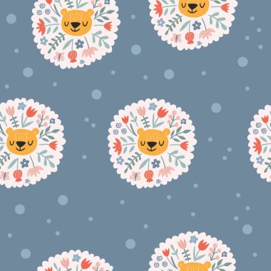 Modern çiçekli aslanın dikişsiz deseni. Şirin bir hayvan ve çiçek açan bir geçmişi var. Yaratıcı çiçek dokusu. Kumaş ve tekstil için harika. Çocuksu vektör illüstrasyonu. 