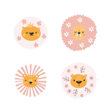 Çiçek elementleri olan sevimli aslanlar. Modern vektör çizimi. Orman hayatı zirvesi. Vektör çizimi. Komik karalama hayvanları. 