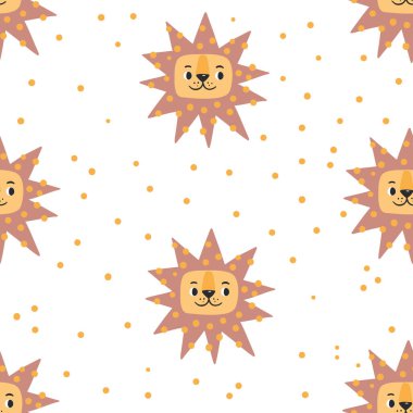 Komik aslanlı kusursuz desenler. Çocuksu hayvan geçmişi. Kumaş, tekstil ve duvar kâğıdı için mükemmel. Vektör illüstrasyonu. 