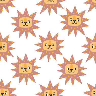 Komik aslanlı kusursuz desenler. Çocuksu hayvan geçmişi. Kumaş, tekstil ve duvar kâğıdı için mükemmel. Vektör illüstrasyonu. 
