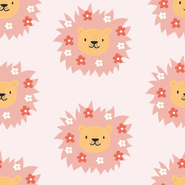 Modern çiçekli aslanın dikişsiz deseni. Şirin bir hayvan ve çiçek açan bir geçmişi var. Yaratıcı çiçek dokusu. Kumaş ve tekstil için harika. Çocuksu vektör illüstrasyonu. 