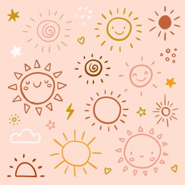 Funny doodle sun set. Hand drawn cute boho vector illustration