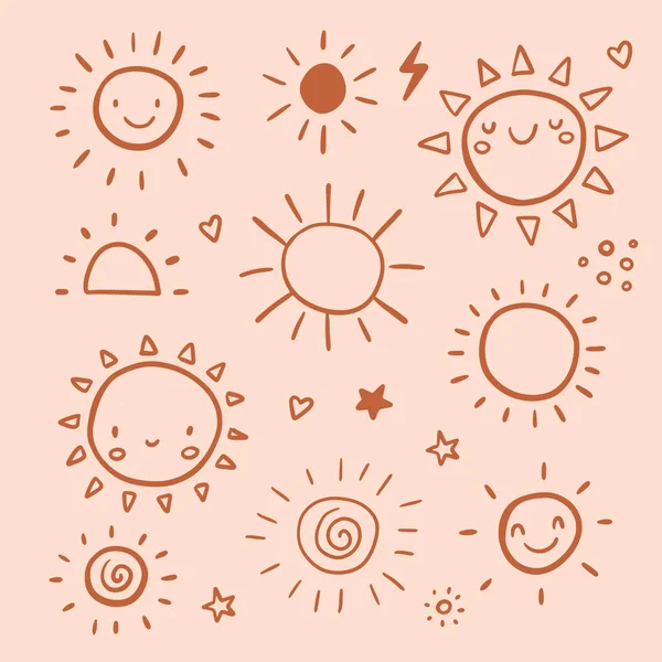 Funny Doodle Sun Set Hand Drawn Cute Boho Vector Illustration — Stok Vektör