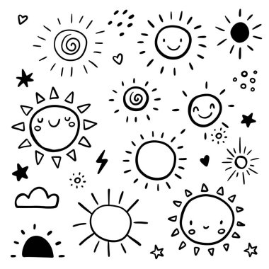 Cute set of sun icons. Funny happy smiley suns. Happy doodles bright and beautiful cartoon characters. Vector illustration