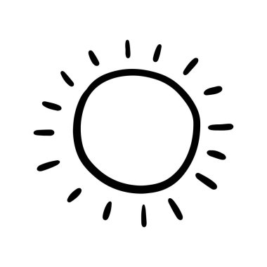 Cute cartoon hand drawn sun drawing. Sweet vector black and white sun drawing. Isolated monochrome doodle sun drawing on white background. Vector illustration