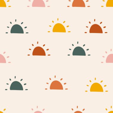 Hand drawn sun modern doodle seamless pattern. Pastel grunge background. Vector illustration