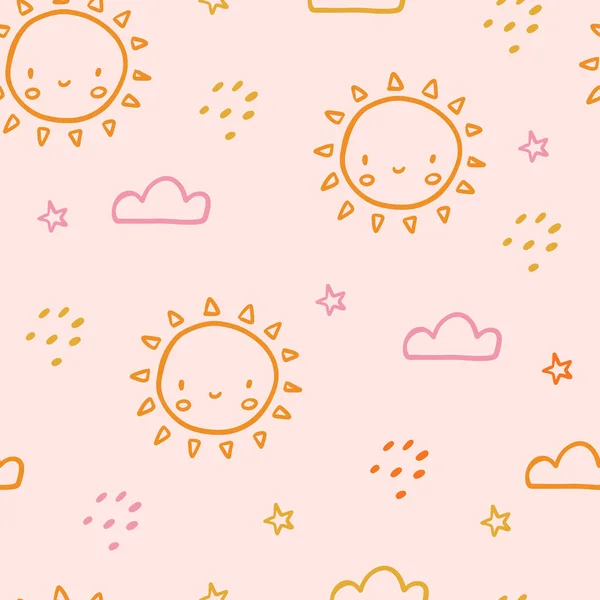 Cute Seamless Pattern Sun Cloud Icons Funny Happy Smiley Suns — Image vectorielle
