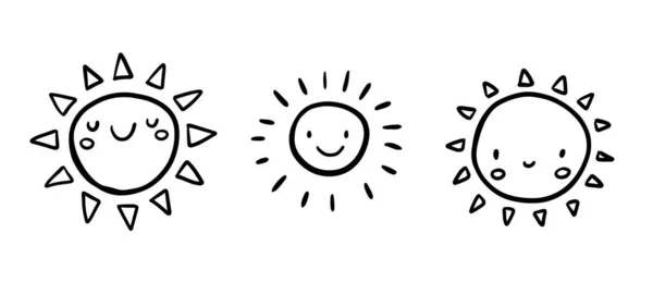 Cute Set Sun Icons Funny Happy Smiley Suns Happy Doodles — Stok Vektör