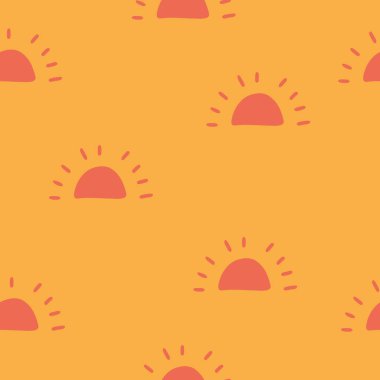 Red sun seamless pattern on yellow background. Flat vector illustration. Sun with ray sign symbol pattern. . Vector illustration