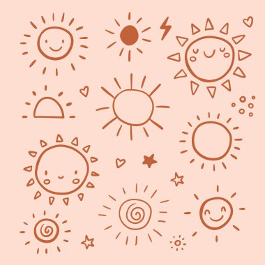 Funny doodle sun set. Hand drawn cute boho vector illustration