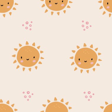 Cute seamless pattern of sun icons. Funny happy smiley suns. Bright and beautiful cartoon background. Vector illustration