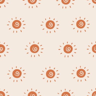 Seamless background sun gender neutral pattern. Whimsical minimal earthy 2 tone color. kids nursery wallpaper or boho cartoon summer fashion all over print. Vector illustration