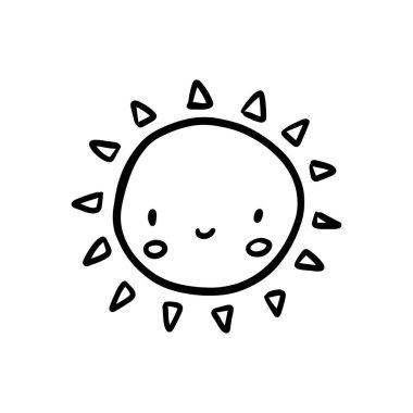 Cute cartoon hand drawn sun. Sweet vector black and white sun drawing. Isolated monochrome doodle sun drawing on white background. Vector illustration