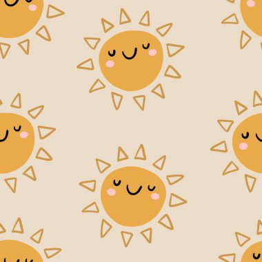 Cute seamless pattern of sun icons. Funny happy smiley suns. Bright and beautiful cartoon background. Vector illustration