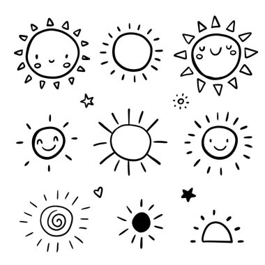 Cute set of sun icons. Funny happy smiley suns. Happy doodles bright and beautiful cartoon characters. Vector illustration