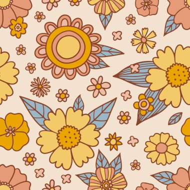 Retro floral groovy vector seamless pattern surface design, textile, stationery, wrapping paper, covers. 60s, 70s, 80s style. Abstract squares with vintage backgrounds