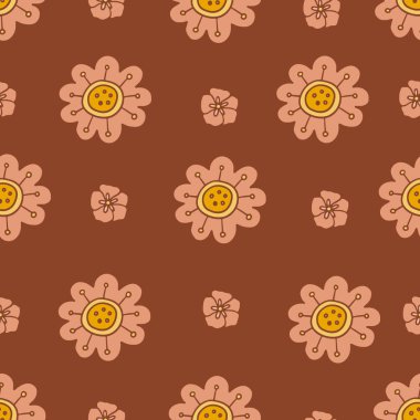 Retro floral groovy vector seamless pattern surface design, textile, stationery, wrapping paper, covers. 60s, 70s, 80s style. Abstract squares with vintage backgrounds