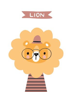 Sevimli bir aslan suratının el çizimi vektör çizimi. Ayrı nesneler. İskandinav tarzı düz tasarım. Çocuk baskısı kavramı. Vektör illüstrasyonu