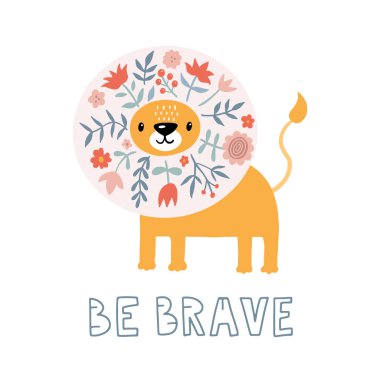 Çiçekli şirin bir aslan. Modern vektör çizimi. Orman hayatı zirvesi. Vektör çizimi. Komik karalama hayvanları. 