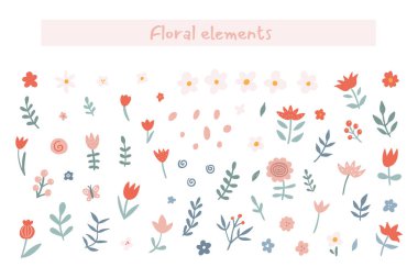 Yapraklı çiçek koleksiyonu, çiçek buketleri. Vektör çiçekler. Botanik elementli bahar sanat baskısı. Mutlu Paskalyalar. Halk tarzı. Bahar tatili için posterler. Beyaz arkaplanda izole edilmiş simgeler. 