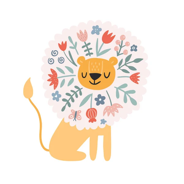 Ωραίο Λιοντάρι Λουλούδια Σύγχρονη Διανυσματική Απεικόνιση Κλιπ Ζωής Της Ζούγκλας — Διανυσματικό Αρχείο
