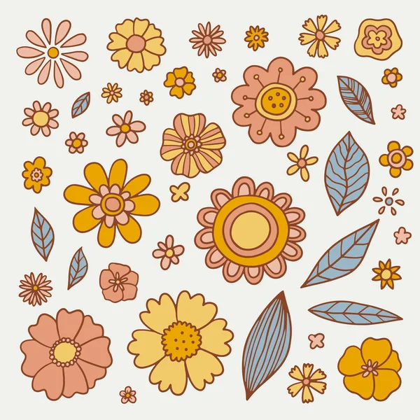 Set Retro Groovy Flowers Collection Different Flowers Hippie Style Vector — Stok Vektör