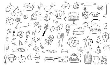 Gıda karalaması el çizimi semboller ve nesneler. Mutfak ve yemek malzemeleri..