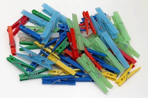 Pile Colorful Plastic Clothes Pegs Clips White Background — Stock Photo, Image