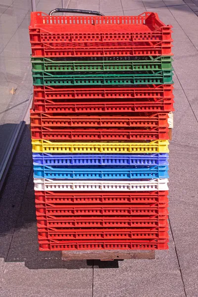 Colorful Plastic Crates Folded Stack Sold Market — Stock Photo, Image