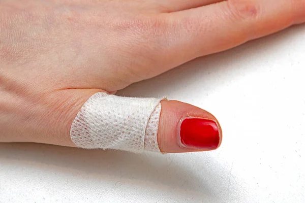 Plaster Band Injured Female Thumb Finger — Stock Photo, Image