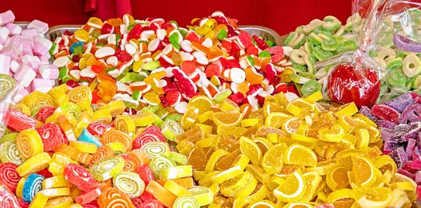 Stor Hög Med Färgglada Gelé Söta Snacks Säljs Lokala Festliga — Stockfoto