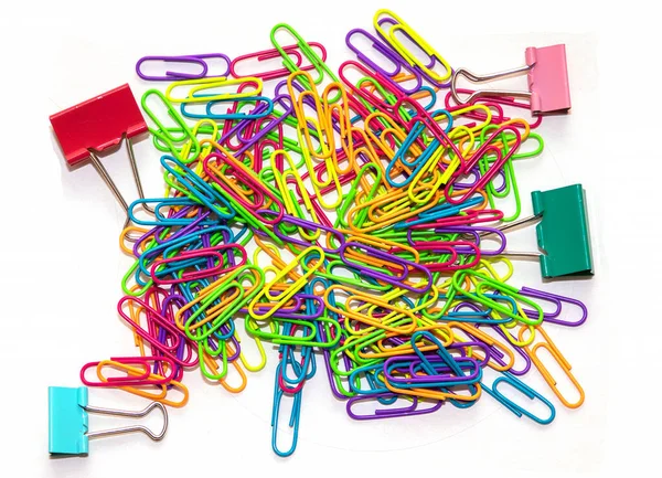 Colorful Metal Paperclips Pins Stationary Pile White Background — Stock Photo, Image