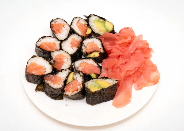 Homemade Sushi Raw Salmon Fish Avocado Side Pickled Ginger White — Stock Photo, Image