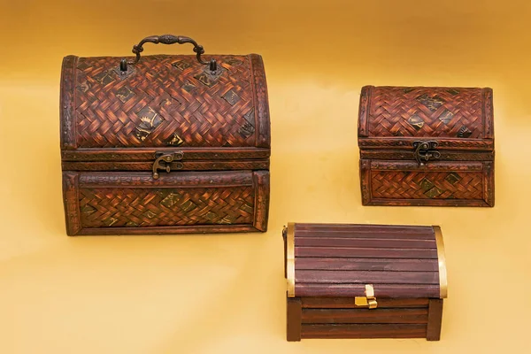 Vintage Decorative Wooden Crates Used Jewelry Boxes Isolated Yellow Background — Stock Photo, Image