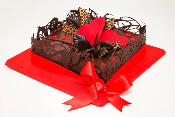 Chocolate Cake Heart Decoration Tied Bow Red Tray — Stockfoto