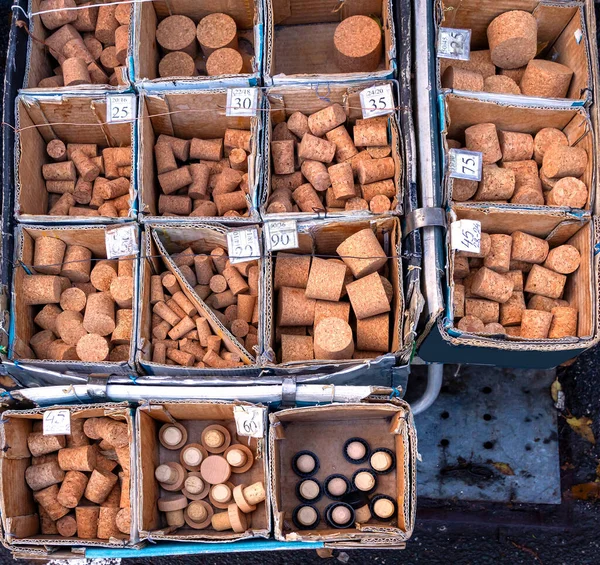 Assortment Sizes Cork Stoppers Boxes Sold Market — Stock Photo, Image