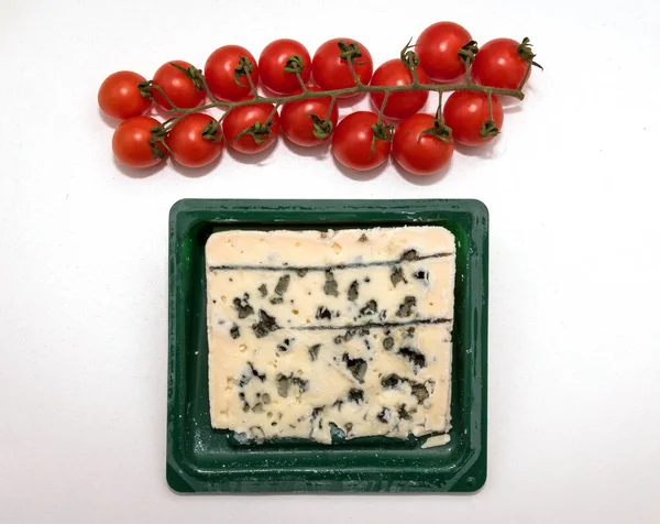 Roquefort Blue Cheese Green Mold Pattern Red Cherry Tomatoes Vine — Foto Stock