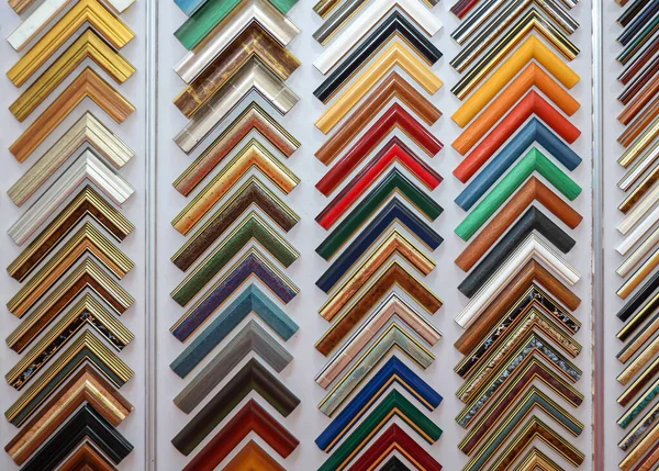 Modern Colorful Shiny Wooden Frames Corners Samples Wall Showroom — Zdjęcie stockowe