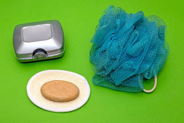 Sabão Lado Caixa Plástico Esponja Esfregaço Corporal Para Esfoliar Pele — Fotografia de Stock