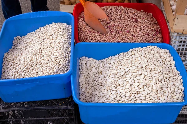 Dışarıda pazarda satılan farklı böbrek fasulyesi çeşitleri.