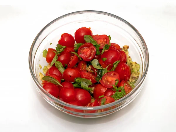 Avocado Guacamole Fresh Red Tomatoes Glass Bowl Isolated White Background — Stock Photo, Image