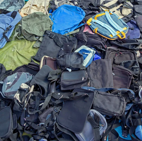 Pile Textile Backpacks Handbags Sold Outdoor Market — Zdjęcie stockowe