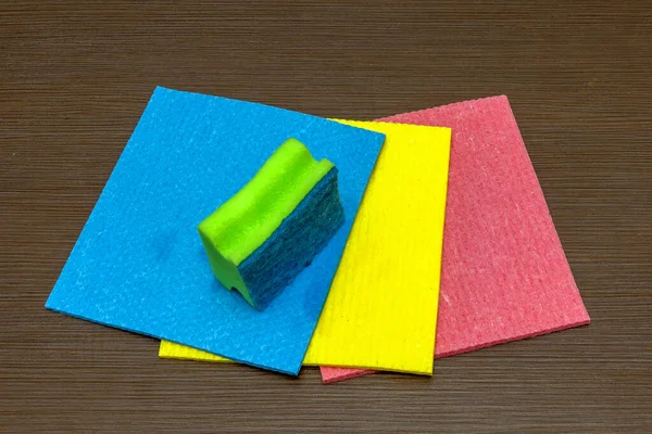 Kitchen Colorful Sponge Cleaning Tools Utensils Wood Table Used Households — ストック写真