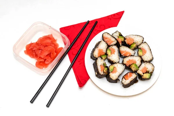 Raw Salmon Avocado Japanese Sushi Plate Chopsticks Pickled Ginger Next — Stock Photo, Image
