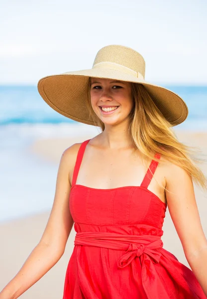 Happy Beautiful Woman in Red Dress on the Beach — Stock Photo, Image