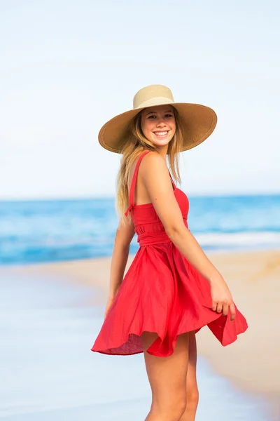 Happy Beautiful Woman in Red Dress on the Beach — Stock Photo, Image