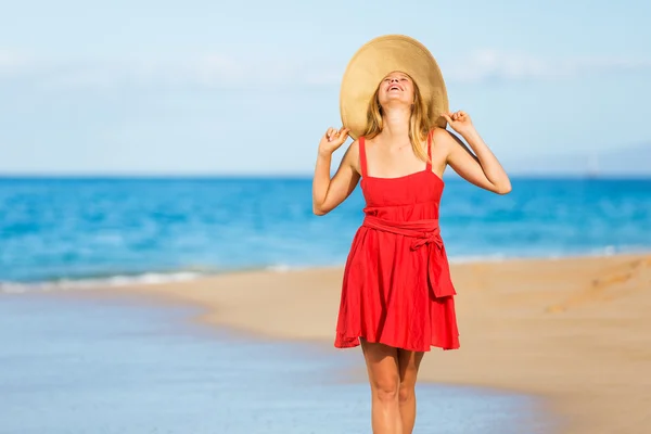 Happy Beautiful Woman in Red Dress on the Beach — Stock Photo, Image
