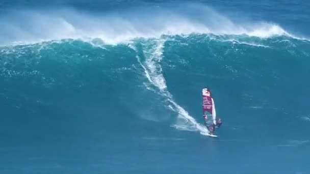 Професійні віндсерфер їде гігантські хвилі — стокове відео