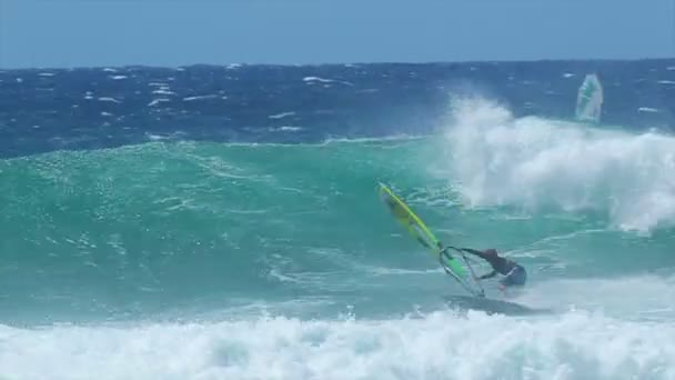 Professional windsurfer rides a giant wave — Stock Video