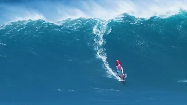 Windsurfer professionale cavalca un'onda gigante — Video Stock